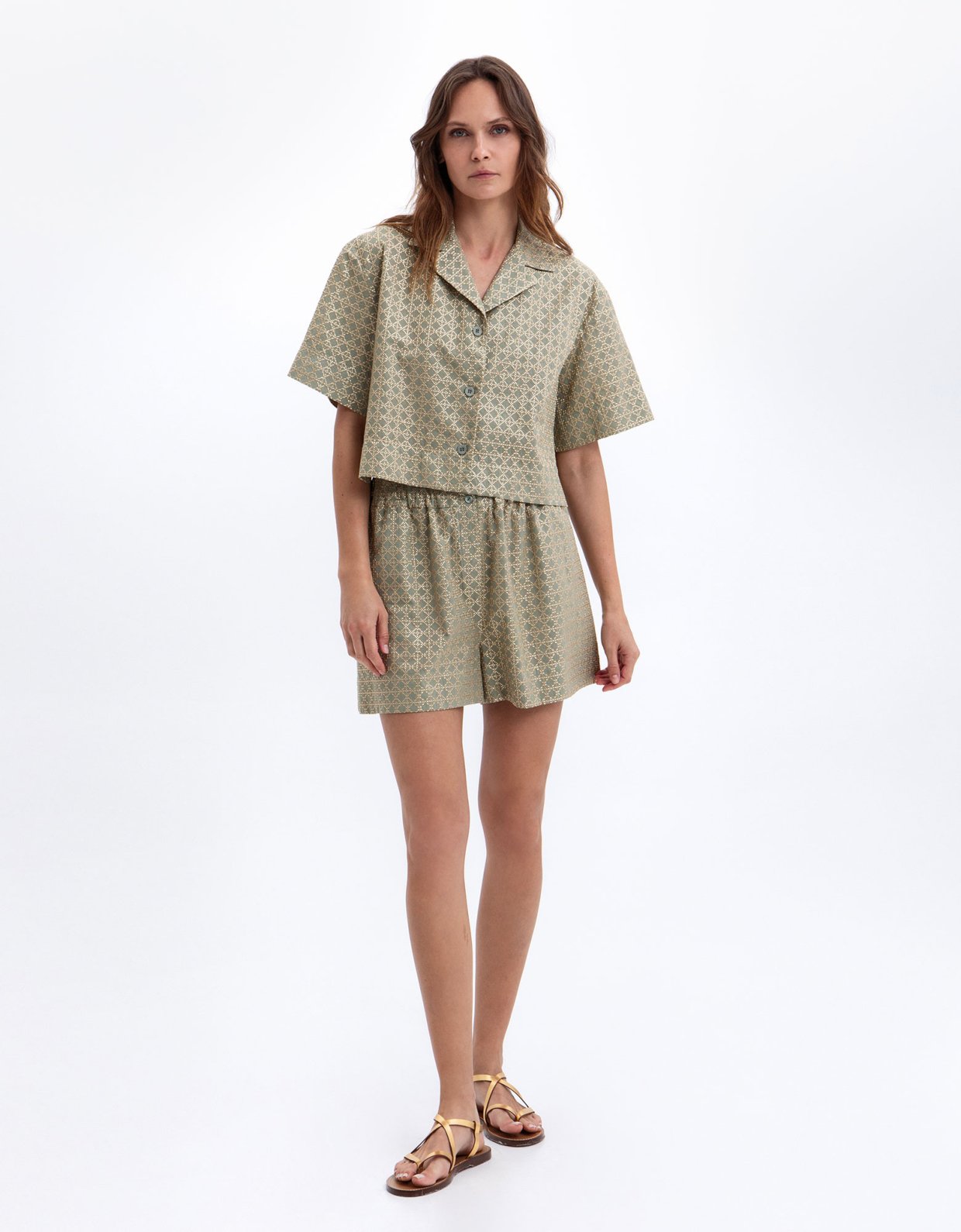 Greek Archaic Kori Cross embroidered crop shirt sage-gold